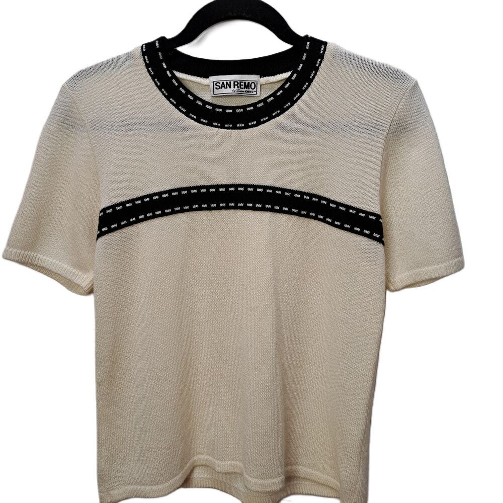 San Remo by Laura Vintage Cream w/Black Trim Crew Neck Knit Top Sweater Medium